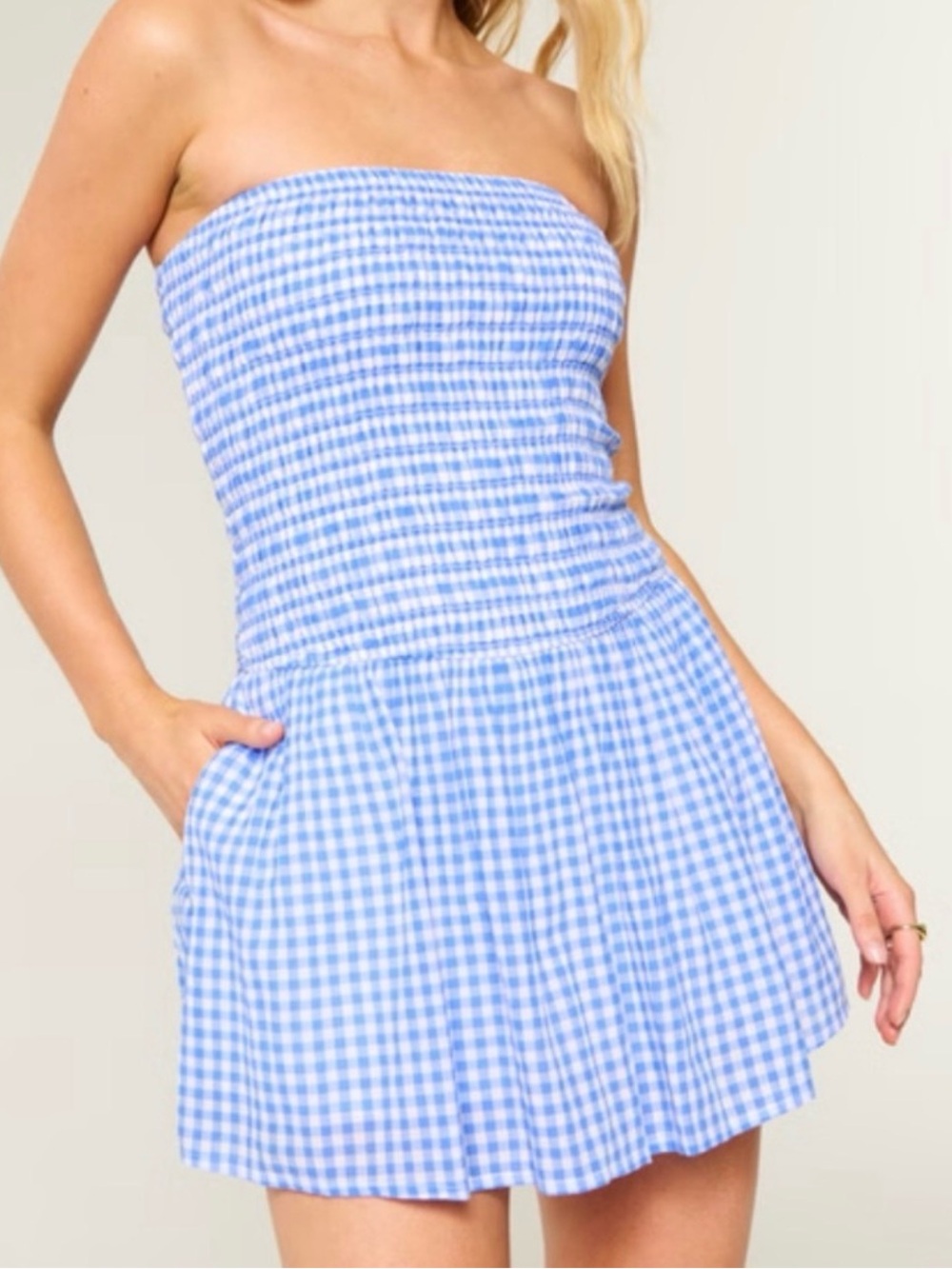 Hollister Blue and White Gingham Smocked Mini Skirt with built in shorts